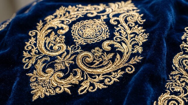 Ornate golden thread embroidery on dark velvet fabric