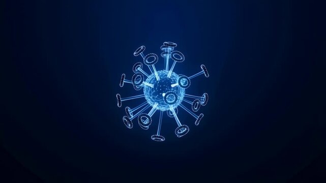 Rotating 3D wireframe model of a virus particle with spike proteins on a dark blue background. Abstract backdrop shaped by rotation, virus structure and infection.