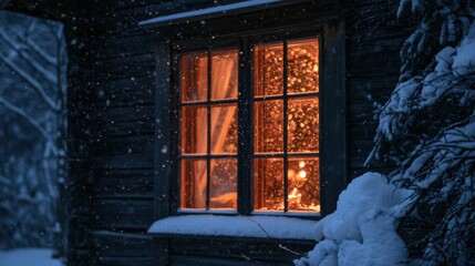 Naklejka premium Soft flakes drift past a cabin window glowing with warm light on a cozy winter evening. The scene invites warmth and comfort indoors.