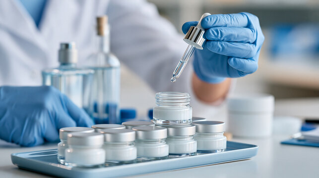 Faceless scientist wearing azure lab gloves dropping clear liquid from glass dropper into small jars of cosmetic cream or lotion during research and development, defocused product