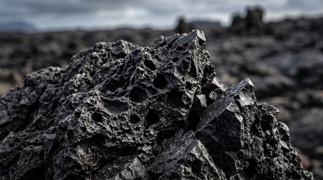 Black volcanic basalt lava rock texture close up