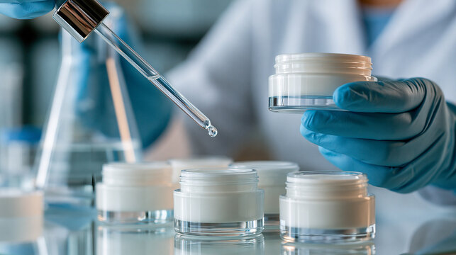 Faceless scientist wearing azure lab gloves dropping clear liquid from glass dropper into small jars of cosmetic cream or lotion during research and development, defocused product