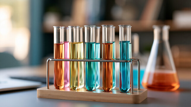 Rack of colorful test tubes with chemical liquids standing on modern laboratory table, defocused systematic specimen display, scientific research organization, with copy space
