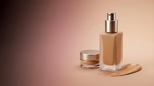 Luxury liquid foundation bottle and jar with swatch on neutral background