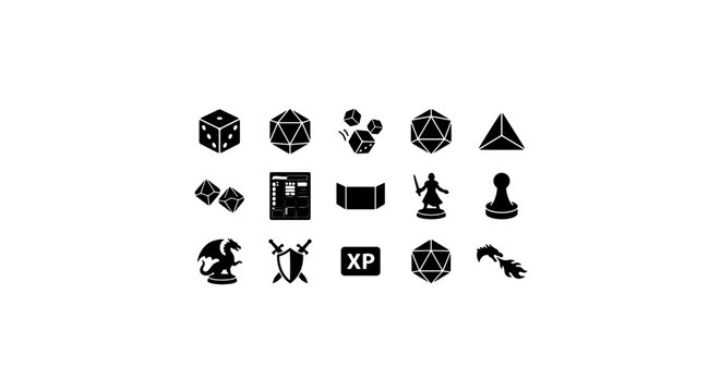 Fantasy RPG Dice and Game Icons Set, Tabletop Gaming Symbols, Role Playing Adventure Elements
