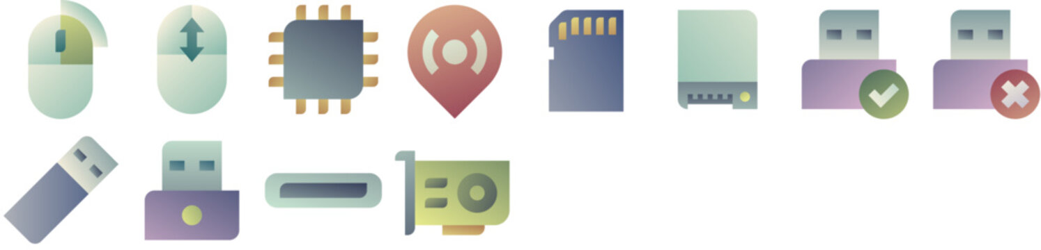 Computer Hardware Icon Set &mdash; data, usb, storage, memory, device, drive, card, disk, mouse, hard, gadget, port, processor, computer. Vector icon pack.