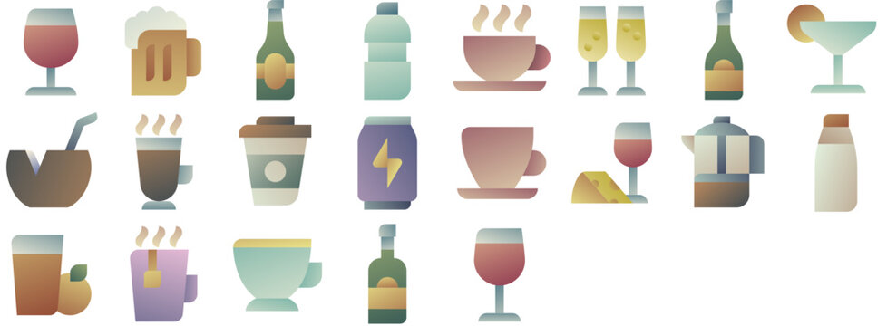 Drinks Icon Pack &mdash; drink, beverage, coffee, wine, glass, hot, cup, bottle, tea, mug, alcohol, beer, cafe. Vector icon collection.