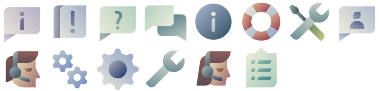 Customer Support Icon Pack featuring speech bubble, help, service, info, details, topic, call, assistant, settings, communication, chat, information. Set of vector icons.