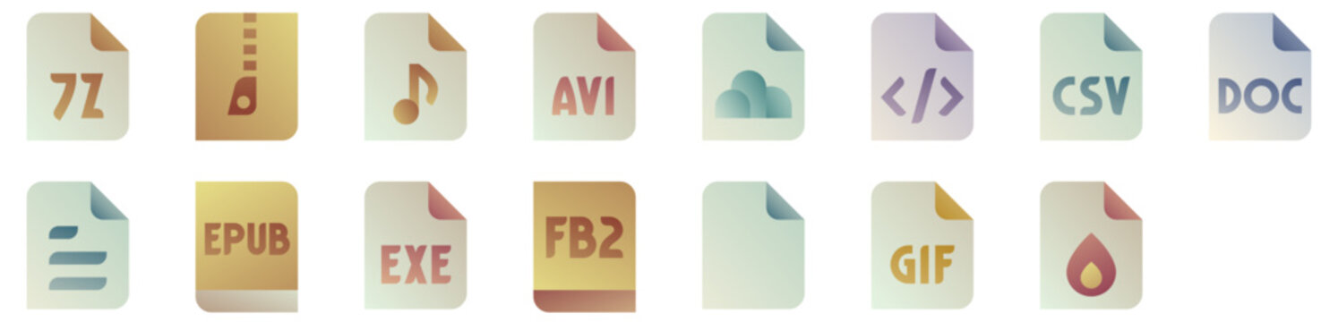 Files Icon Pack: file, format, data, filetype, extension, document, archive, storage, zip, compression, page, text, video. Vector icon pack.