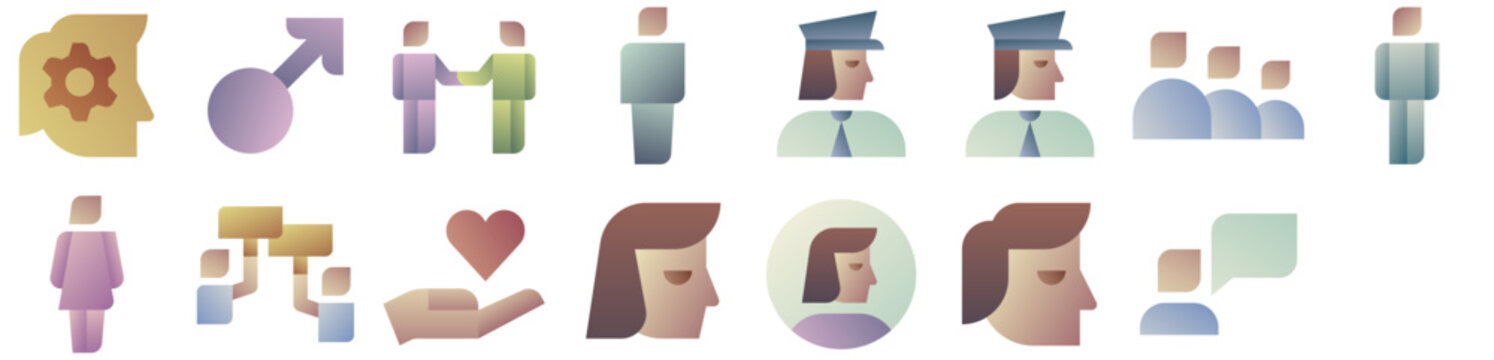 People Icons featuring male, user, female, man, person, profile, human, woman, gender, group, pic, police, sign, professional. Vector icon collection.
