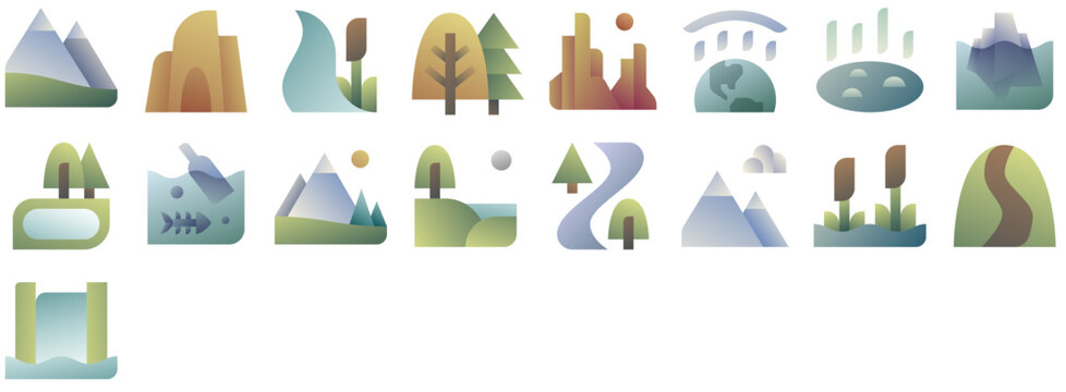 Nature Icons: park, hot, landscape, springs, water, forest, mountain, travel, tourism, hill, national, pollution, hiking, trip. Set of vector icons.