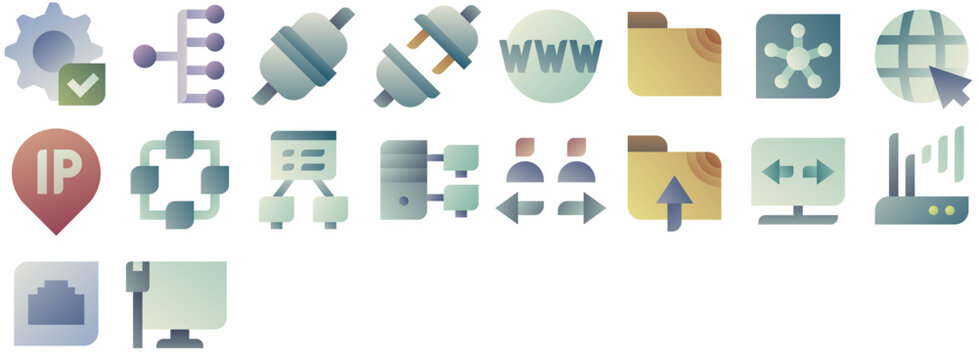 Network Icon Pack &mdash; internet, data, connection, web, technology, website, wired, computer, server, hub, cable, wireless, ethernet, connect. Set of vector icons.