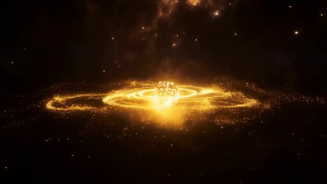 Glowing golden sphere with orbiting particle rings rotates smoothly against a dark abstract background. Animated texture shows particles and rings with rotating.