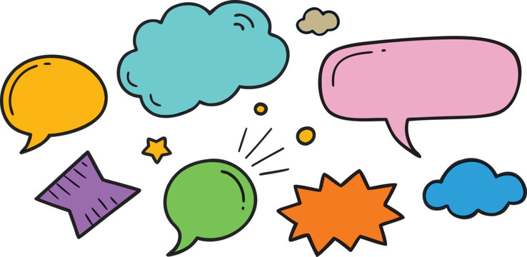 Hand Drawn Colorful Speech Bubble Set &ndash; Doodle Comic Chat Icons Vector Collection, Cartoon Message Boxes, Sticker Style UI Elements