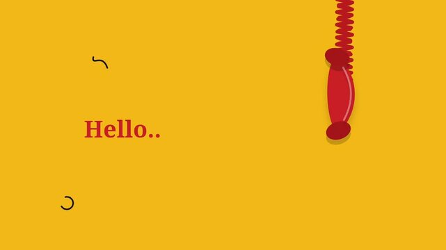 Retro Red Telephone Handset Swinging On Spiral Cord Looping Animation With Hello Greeting Text And Doodle Marks On Yellow Background For Vintage Call Communication Flat Minimal