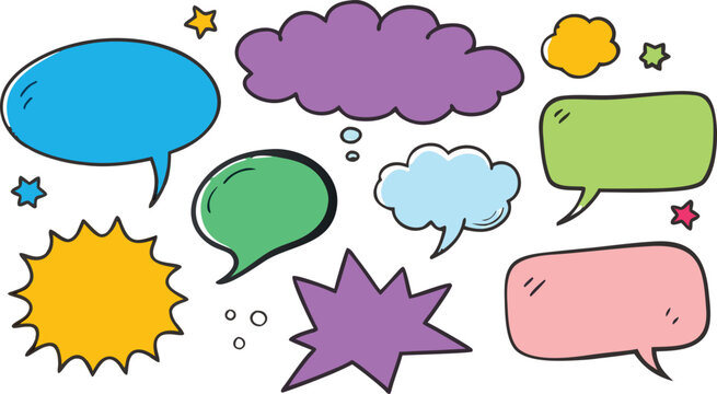 Hand Drawn Colorful Speech Bubble Set &ndash; Doodle Comic Chat Icons Vector Collection, Cartoon Message Boxes, Sticker Style UI Elements