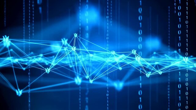 Glowing blue network of connected nodes pulses with vertical streams of binary code on a dark background. Interface motion and glowing light show clear digital screen activity.