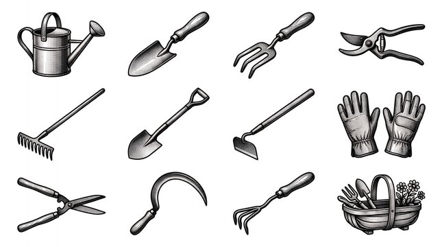 Agriculture tool icon set provides farming implements with detailed engraved sketch art.