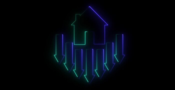 Link &times;Title:Home icon house sign neon lights animation with down arrow.animation. Neon home business graph icon animation. 4k video animation