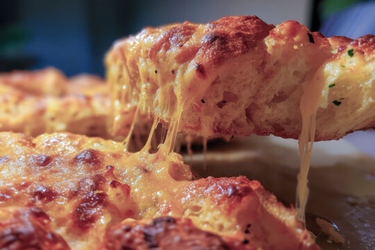 Pulling warm cheesy garlic bread with melting cheese stretch
