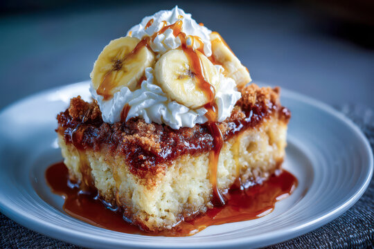 Banana bread pudding with whipped cream and caramel