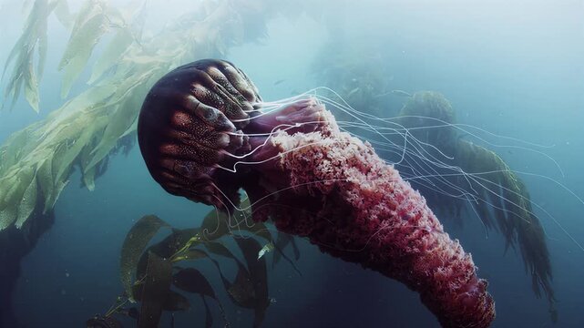 Majestic Lion's Mane Jellyfish Glides Through Kelp Forest Ecosystem