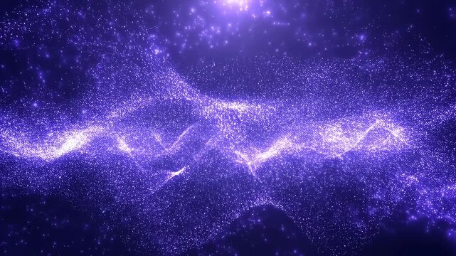 Glowing purple particles flow and pulse forming wave-like patterns on a dark background. Layered purple and lavender tones enhance movement and depth.
