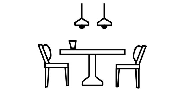 Dining table and chairs with hanging lights animated line icon. Simple line art dining table icon animation.