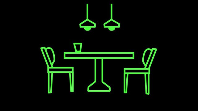 Dining table and chairs with hanging lights animated line icon. Simple line art dining table icon animation.