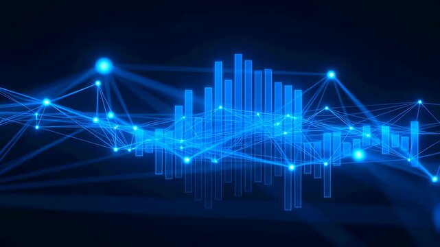 Glowing blue 3D bar chart with interconnected nodes and lines animates on a dark background. Smooth animated scene for technology presentations and financial data visualization.
