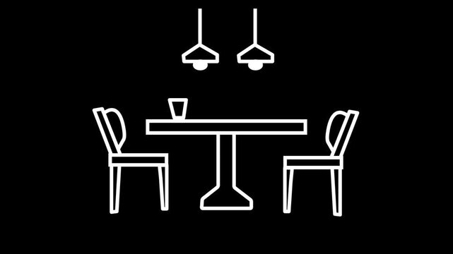 Dining table and chairs with hanging lights animated line icon. Simple line art dining table icon animation.