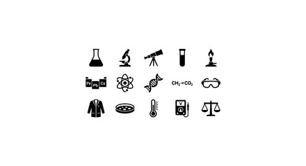 Fototapeta premium Science Icons Set: Chemistry, Biology, Physics, Astronomy, Research, Lab Equipment, Medical Symbols