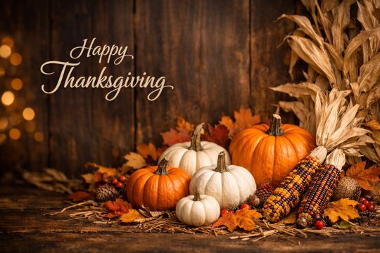 Autumn pumpkin and indian corn harvest arrangement with fall leaves corn stalks for happy thanksgiving background and seasonal decor