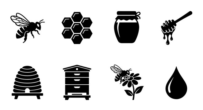 Bee Icons, Honeycomb, Hive & Jar Vector Set: Apiary, Sweet Food & Nature Elements
