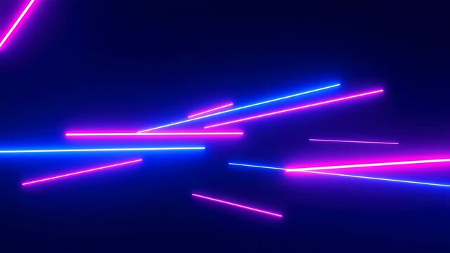 Neon blue, pink, and purple glowing lines move and cross each other on a dark digital background. Design backdrop with moving, glowing light and layered depth.