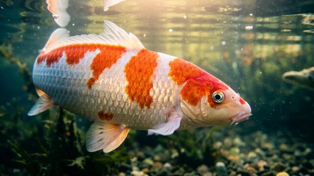 koi fish underwater close up at morning light in niigata japan koi pond video