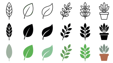 Naklejka premium Collection of diverse plant leaf and potted plant icons showcasing various styles including outline, solid fill, and colored graphics for natural design elements.