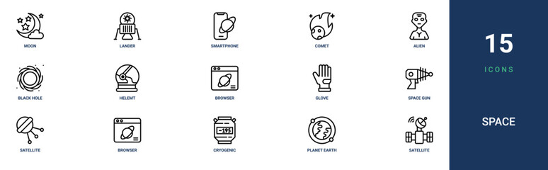 Set of 15 outline web Space icons such as satellite, planet earth, cryogenic, browser, satellite, space gun, glove vector icons for report, presentation, diagram, web design, mobile app © Emilia