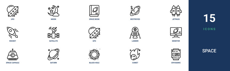 Set of 15 outline web Space icons such as cryogenic, comet, black hole, saturn, space capsule, monitor, lander vector icons for report, presentation, diagram, web design, mobile app © Emilia