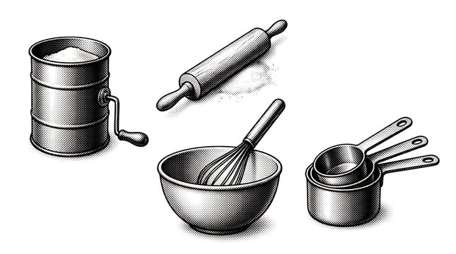 Baking tools set with flour sifter rolling pin bowl and measuring cups in vintage style.