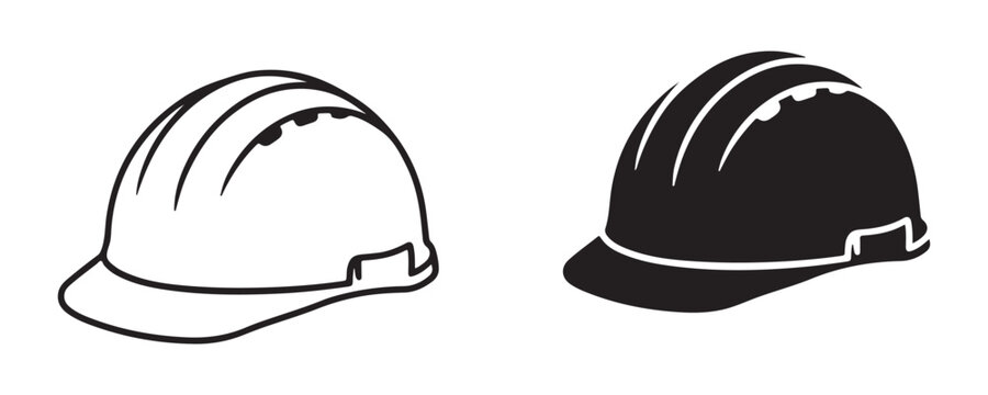 Two hard hats outline and solid black for construction worker safety gear.