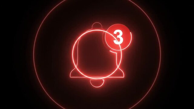 Glowing red neon notification bell icon with number 3 badge. Digital alert symbol for social media and mobile apps. Futuristic light motion graphic.
