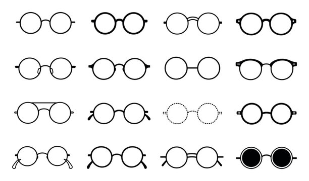 Round glasses icons and spectacles in various frame designs and styles for optical fashion, vision correction, and minimalist graphic design elements
