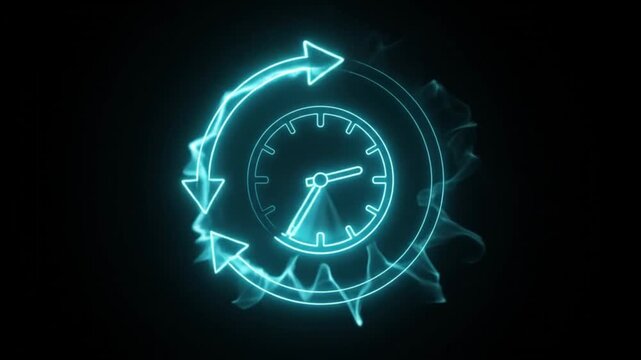 Futuristic neon clock icon with glowing blue light, digital time management symbol, motion graphics of circular arrows on black background