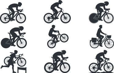 Naklejka premium Cyclist silhouette collection, 9 bicycle rider vector icons. Professional road cycling and mountain bike racing graphics for sports design.