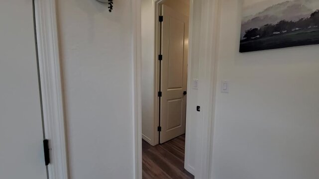 Bright indoor hallway with doorway and potted plant