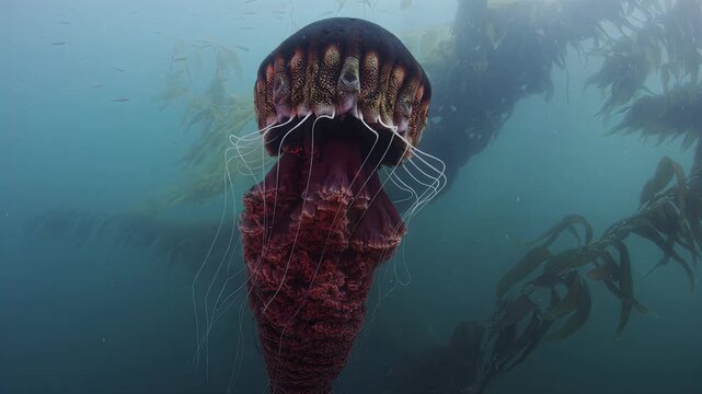 Majestic sea anemone drifts gracefully through kelp forest underwater