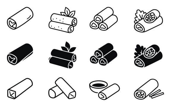 Spring roll and egg roll vector icons set featuring outline and solid glyph styles of Asian appetizers, wraps, burritos, and dipping sauce bowls for culinary designs