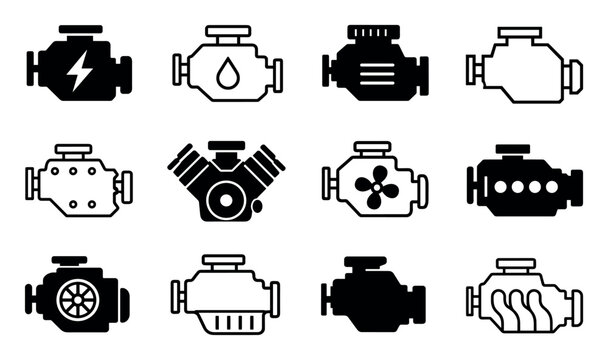 Car engine icons set for vehicle diagnostics featuring various motor symbols including check engine light indicators, pistons, and mechanical parts in black and white vector style