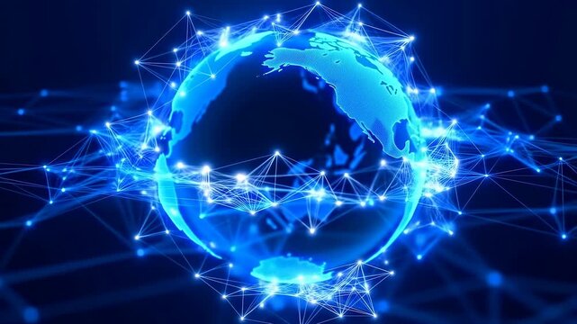Rotating digital globe surrounded by glowing network nodes and connecting lines. Animated texture shows globe and points of light with rotating.